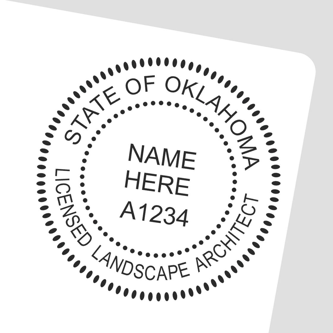 Slim Pre-Inked Oklahoma Landscape Architect Seal Stamp in use photo showing a stamped imprint of the Slim Pre-Inked Oklahoma Landscape Architect Seal Stamp