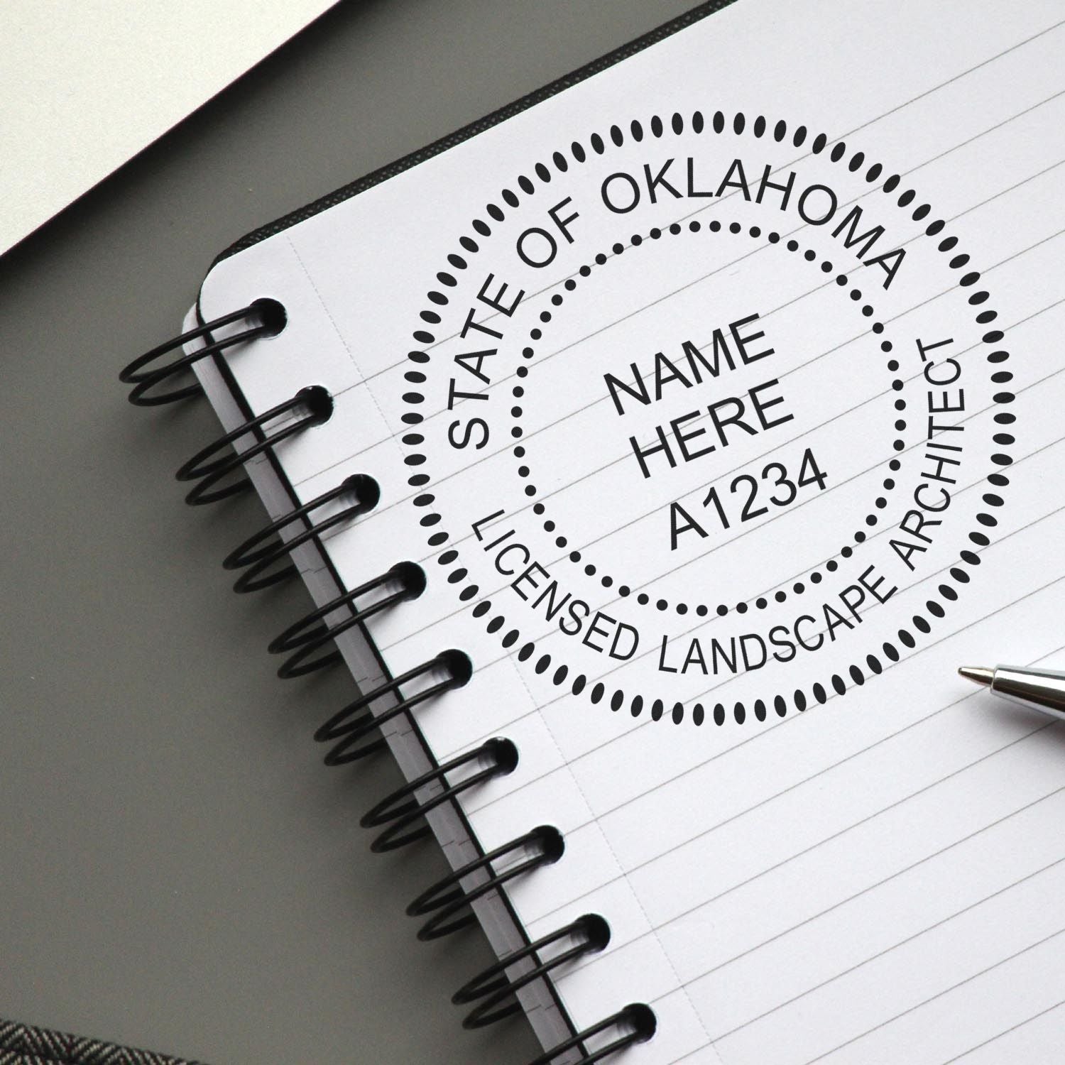 The main image for the Self-Inking Oklahoma Landscape Architect Stamp depicting a sample of the imprint and electronic files