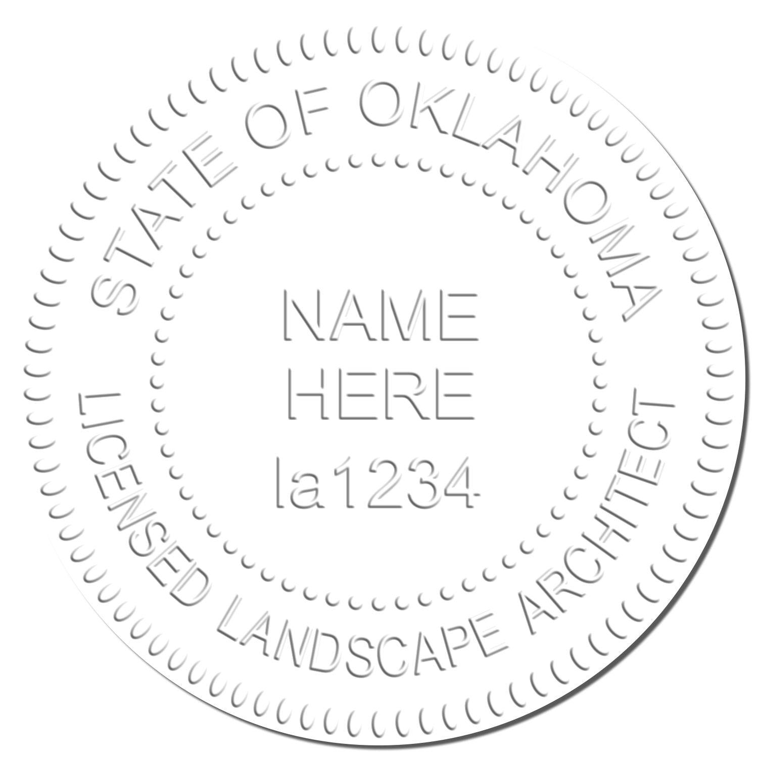 This paper is stamped with a sample imprint of the Oklahoma Desk Landscape Architectural Seal Embosser, signifying its quality and reliability.