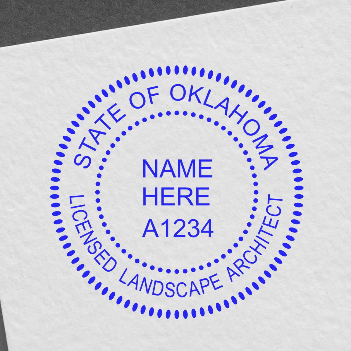 The Slim Pre-Inked Oklahoma Landscape Architect Seal Stamp stamp impression comes to life with a crisp, detailed photo on paper - showcasing true professional quality.