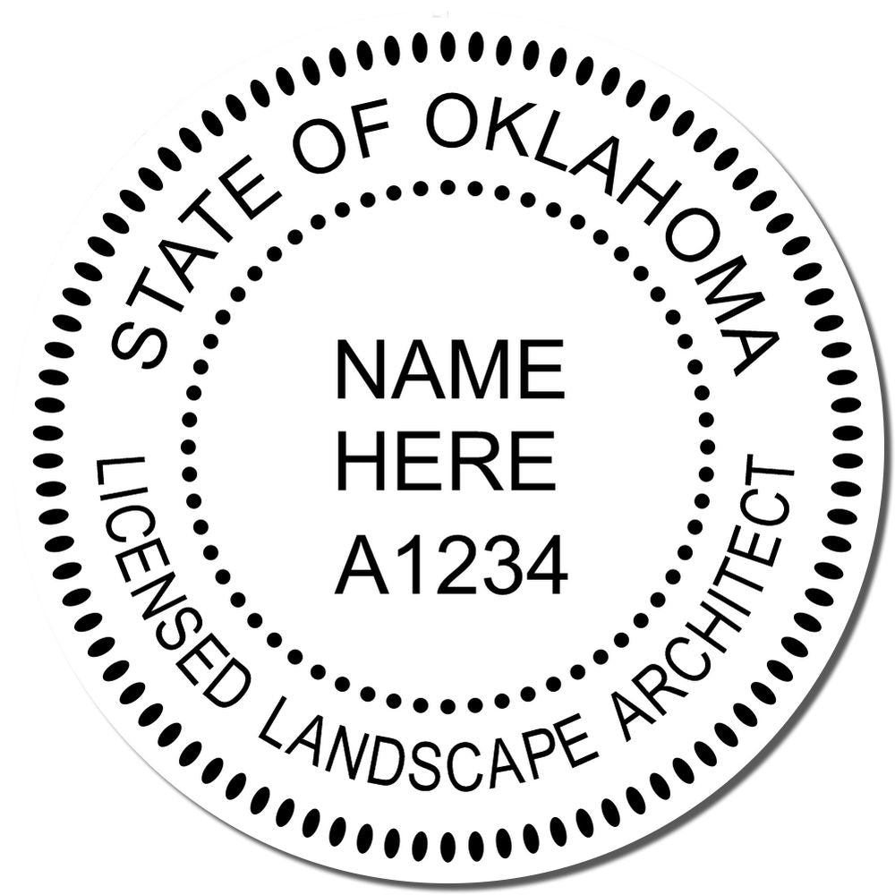 A lifestyle photo showing a stamped image of the Slim Pre-Inked Oklahoma Landscape Architect Seal Stamp on a piece of paper