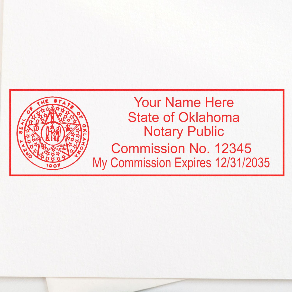 The Heavy-Duty Oklahoma Rectangular Notary Stamp stamp impression comes to life with a crisp, detailed photo on paper - showcasing true professional quality.