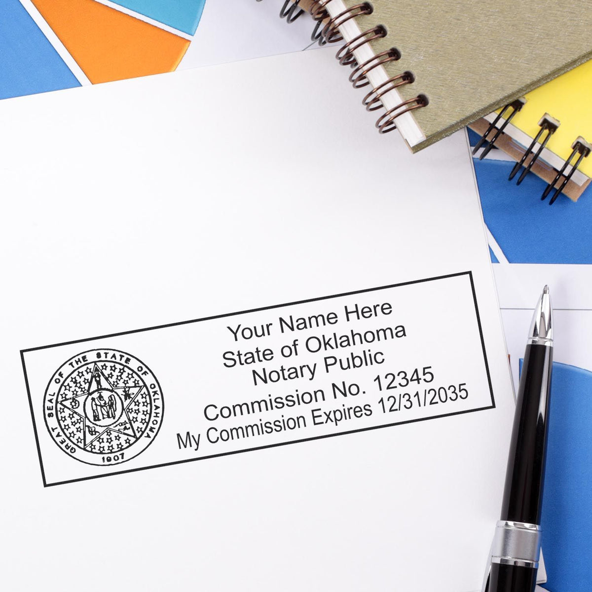 The Super Slim Oklahoma Notary Public Stamp stamp impression comes to life with a crisp, detailed photo on paper - showcasing true professional quality.