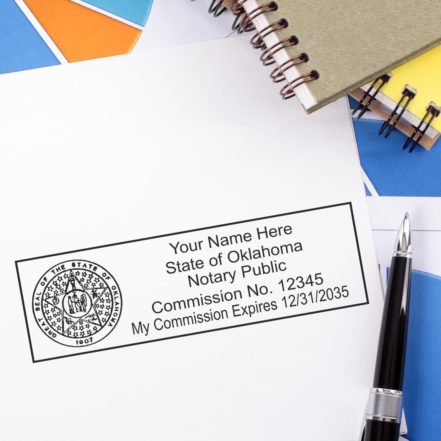 A stamped impression of the Slim Pre-Inked State Seal Notary Stamp for Oklahoma in this stylish lifestyle photo, setting the tone for a unique and personalized product.