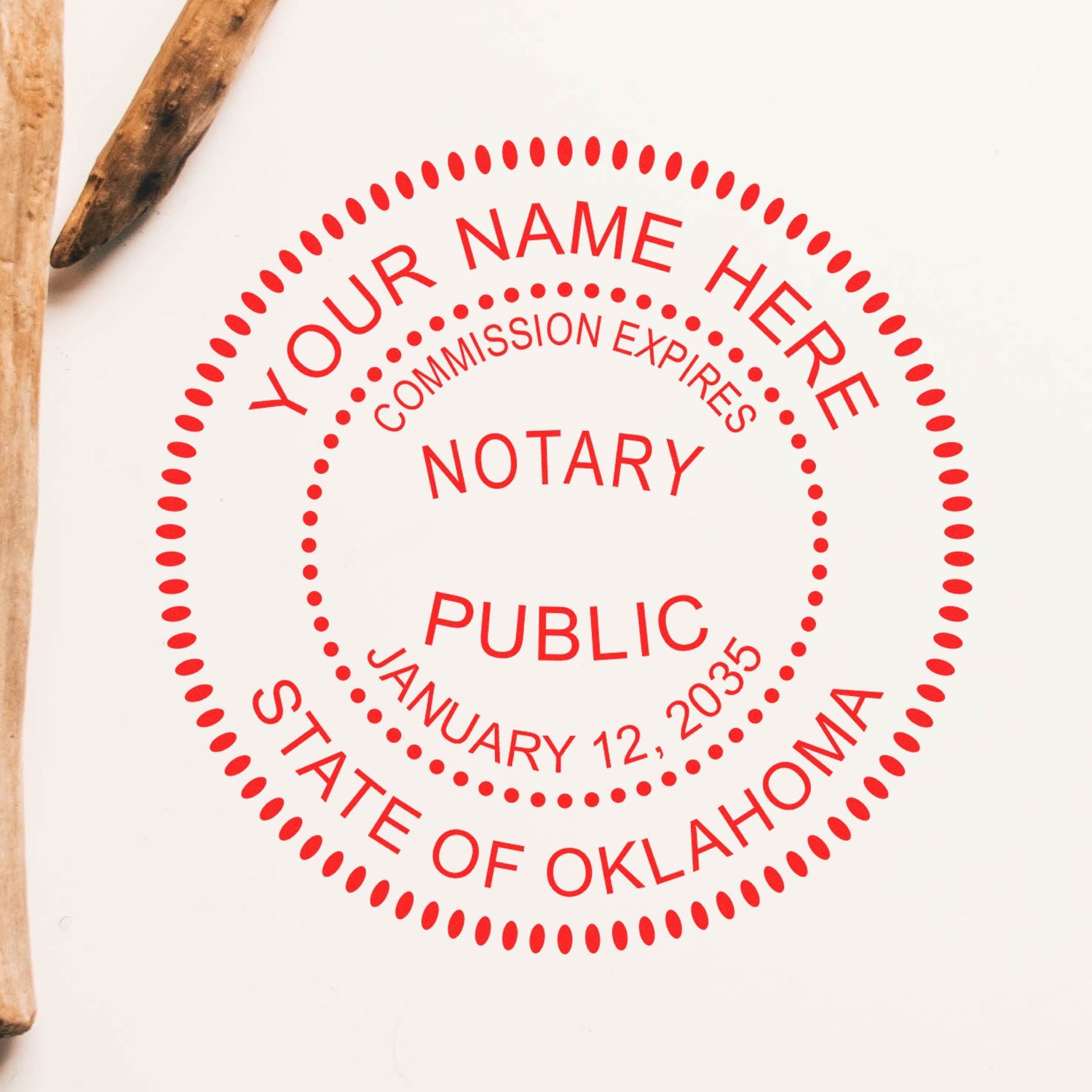 Round Oklahoma Notary Public Seal Stamp in use photo showing a stamped imprint of the Round Oklahoma Notary Public Seal Stamp