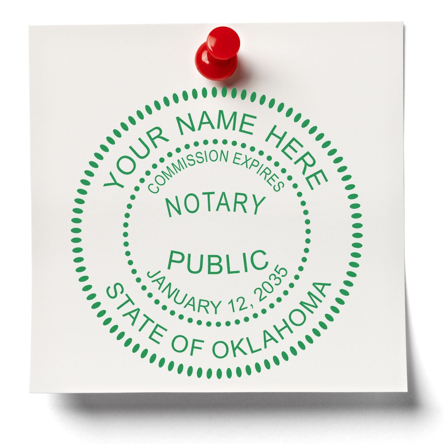 A photograph of the Oklahoma Round Electronic Notary Stamp stamp impression reveals a vivid, professional image of the on paper.