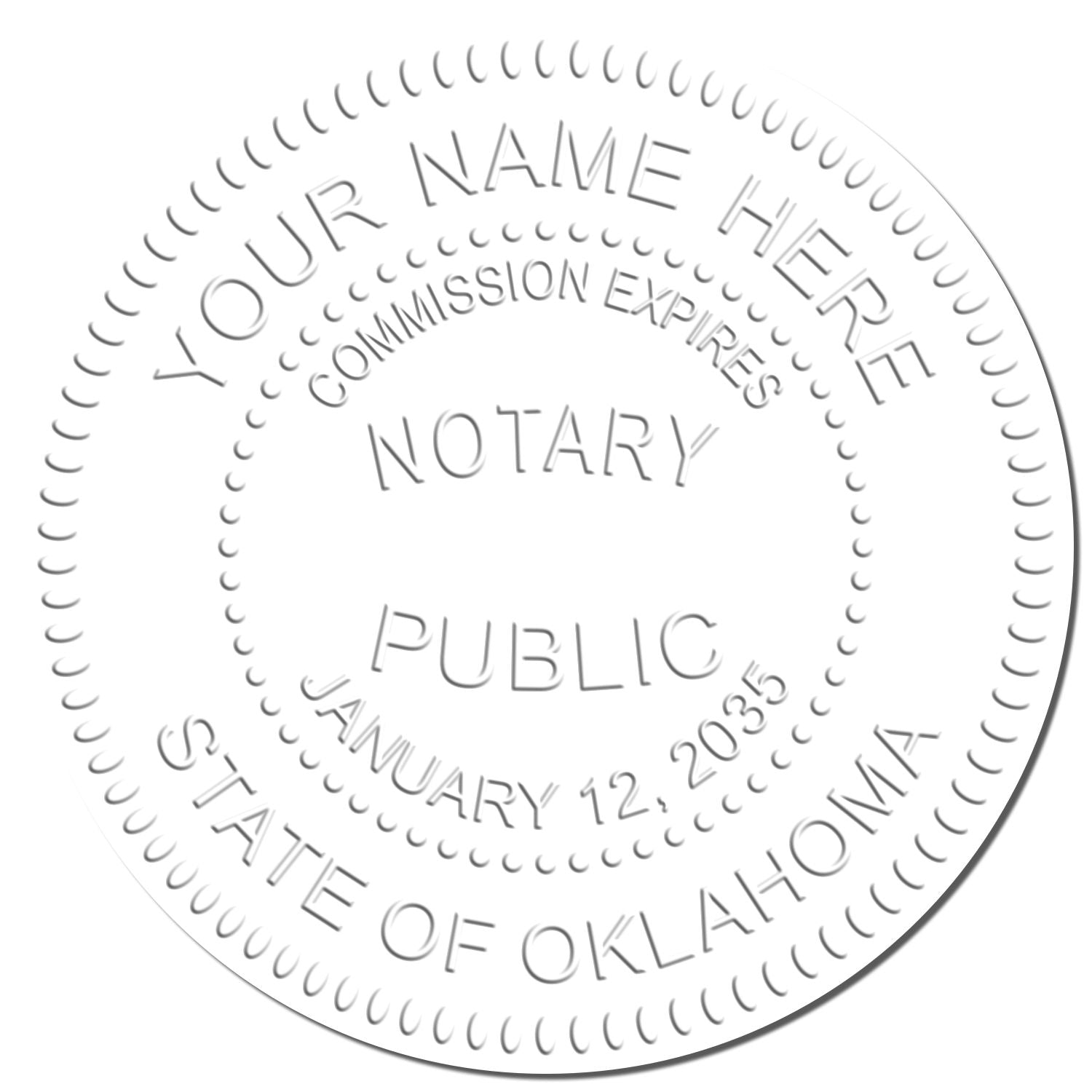 This paper is stamped with a sample imprint of the Oklahoma Handheld Notary Seal Embosser, signifying its quality and reliability.