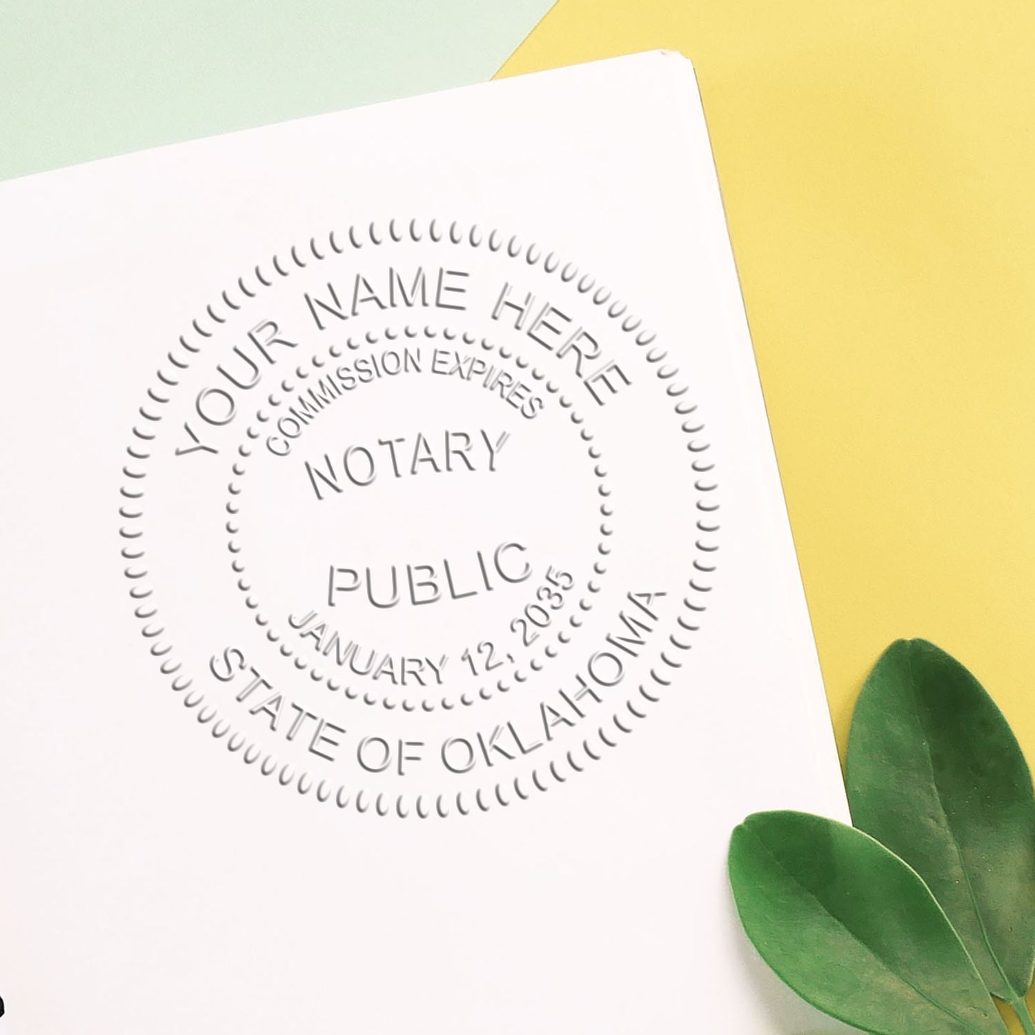 This paper is stamped with a sample imprint of the Oklahoma Desk Notary Public Seal, signifying its quality and reliability.