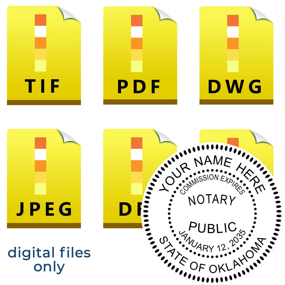 The main image for the Oklahoma Round Electronic Notary Stamp depicting a sample of the imprint and electronic files