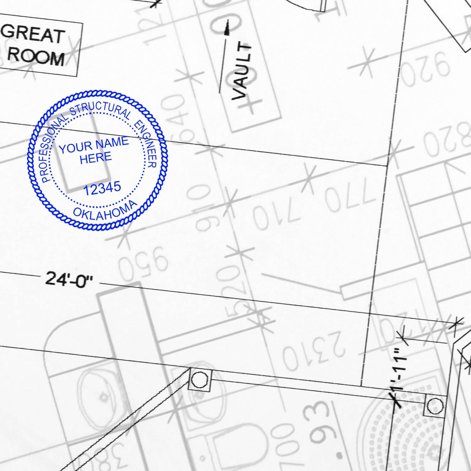 Blueprint with a blue Professional Engineer Regular Rubber Stamp of Seal marked Professional Structural Engineer, Oklahoma and placeholder text Your Name Here, 12345 on the stamp.