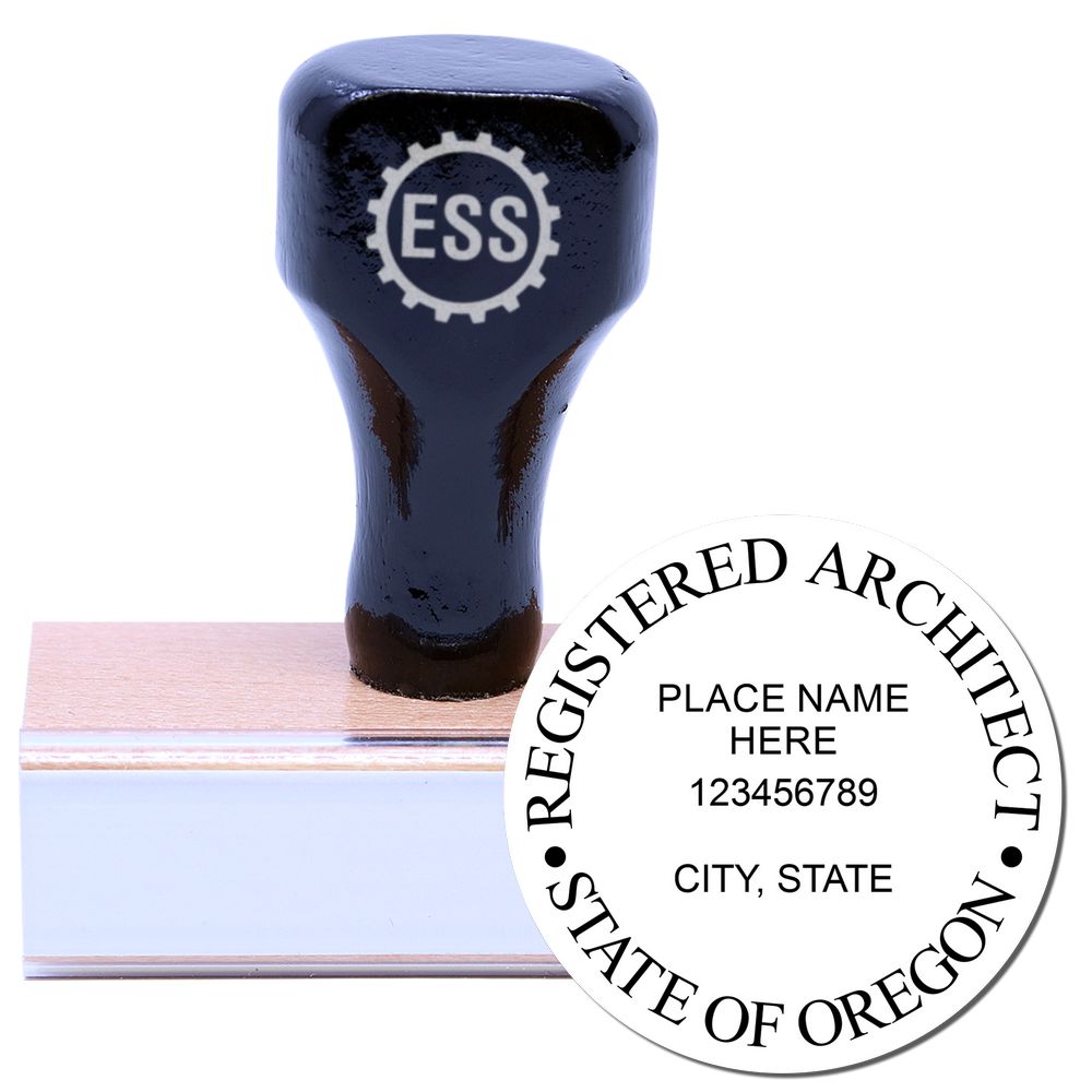 Oregon Architect Seal Stamp with a wooden handle and rubber base, featuring the text Registered Architect, State of Oregon on the seal.