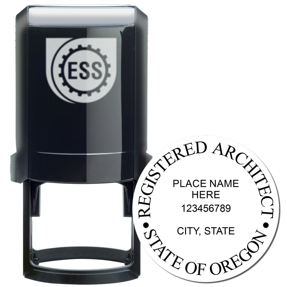 Self Inking Oregon Architect Stamp with a black casing and a circular imprint design for registered architects in the state of Oregon.