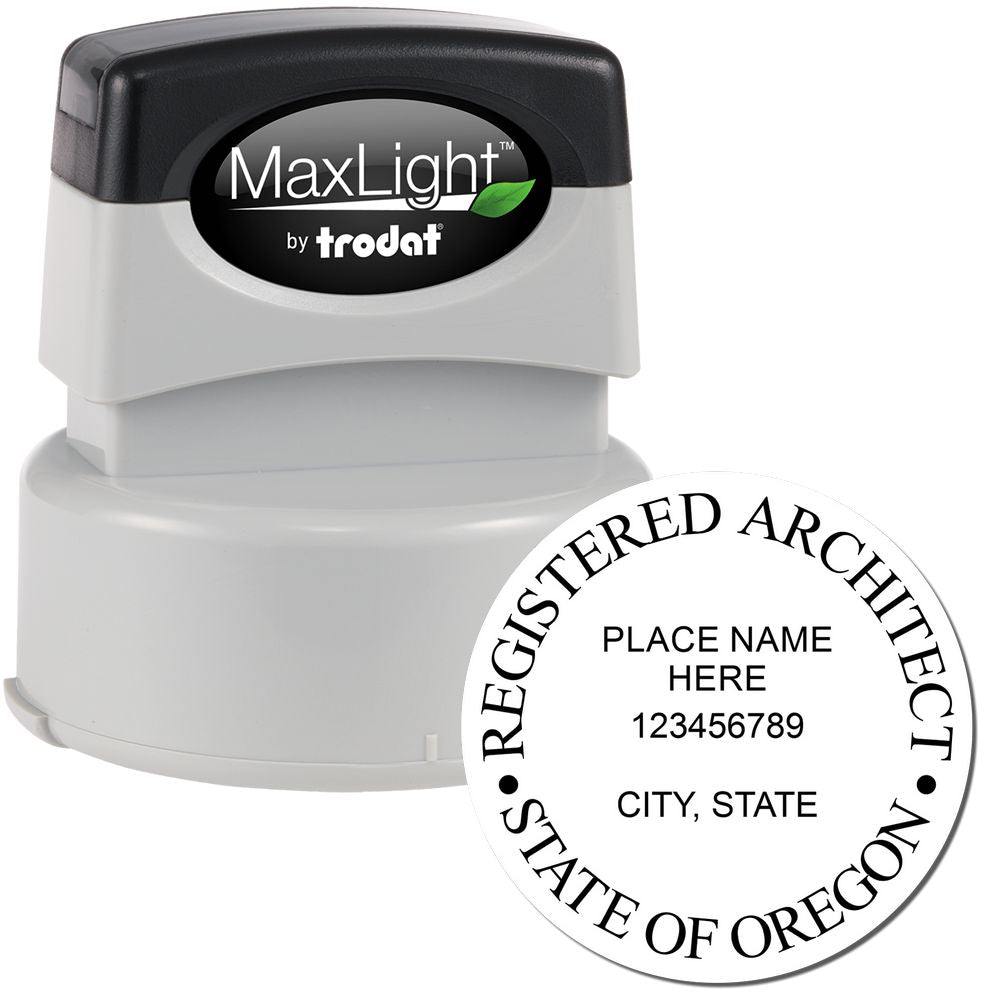 Premium MaxLight Pre-Inked Oregon Architectural Stamp with a black and gray design, featuring a circular imprint for registered architects in Oregon.