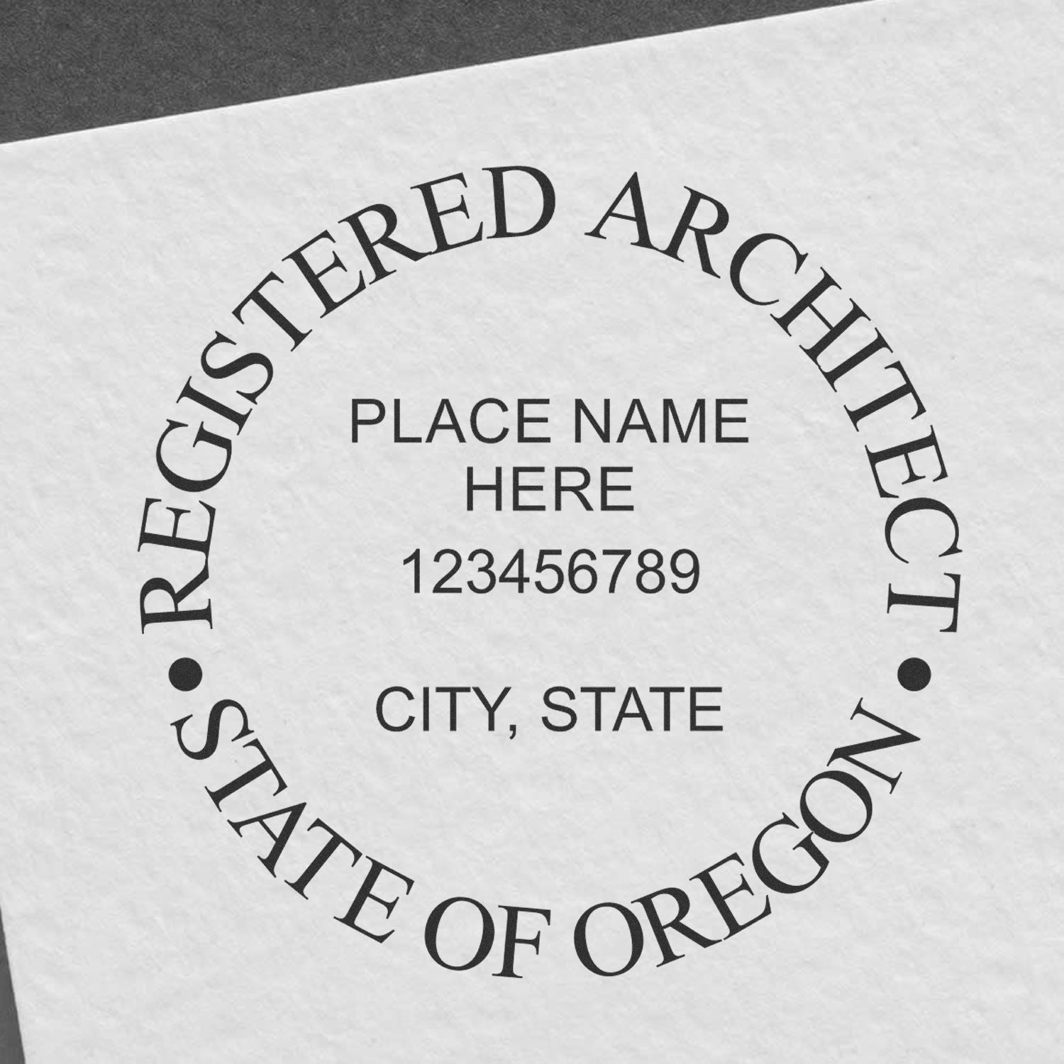 Digital Oregon Architect Stamp, Electronic Seal for Oregon Architect, displaying customizable fields for name, license number, city, and state.