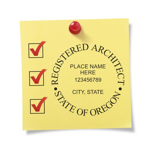 Yellow sticky note with red checkmarks and a Self Inking Oregon Architect Stamp impression reading Registered Architect, State of Oregon.