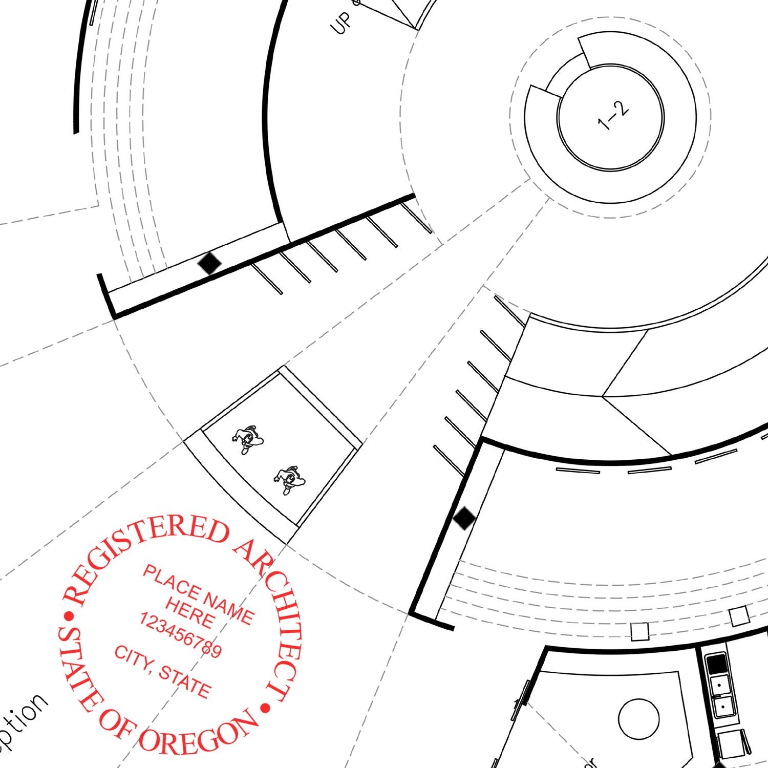 Digital Oregon Architect Stamp, Electronic Seal for Oregon Architect, displayed on a detailed architectural blueprint.