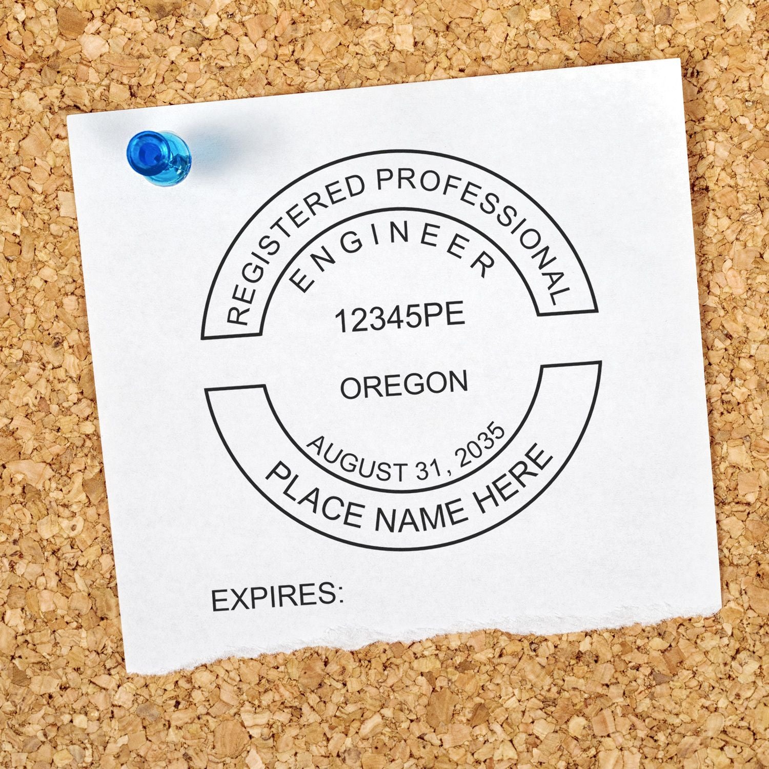 A lifestyle photo showing a stamped image of the Digital Oregon PE Stamp and Electronic Seal for Oregon Engineer on a piece of paper