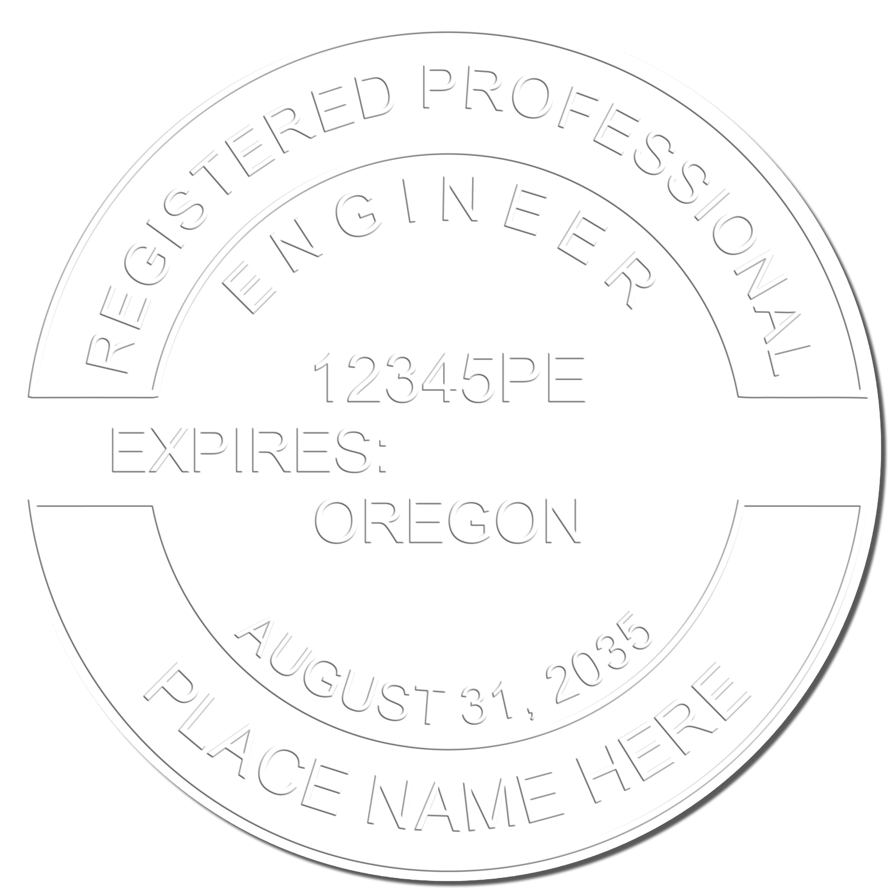 A photograph of the Handheld Oregon Professional Engineer Embosser stamp impression reveals a vivid, professional image of the on paper.