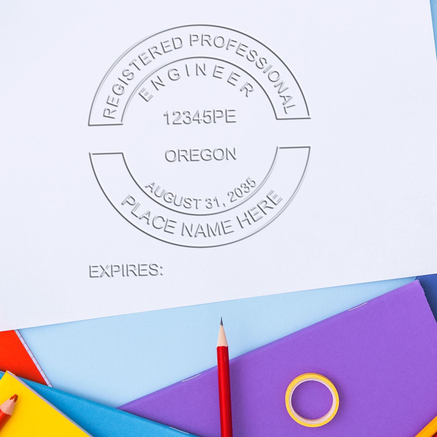A stamped impression of the Oregon Engineer Desk Seal in this stylish lifestyle photo, setting the tone for a unique and personalized product.