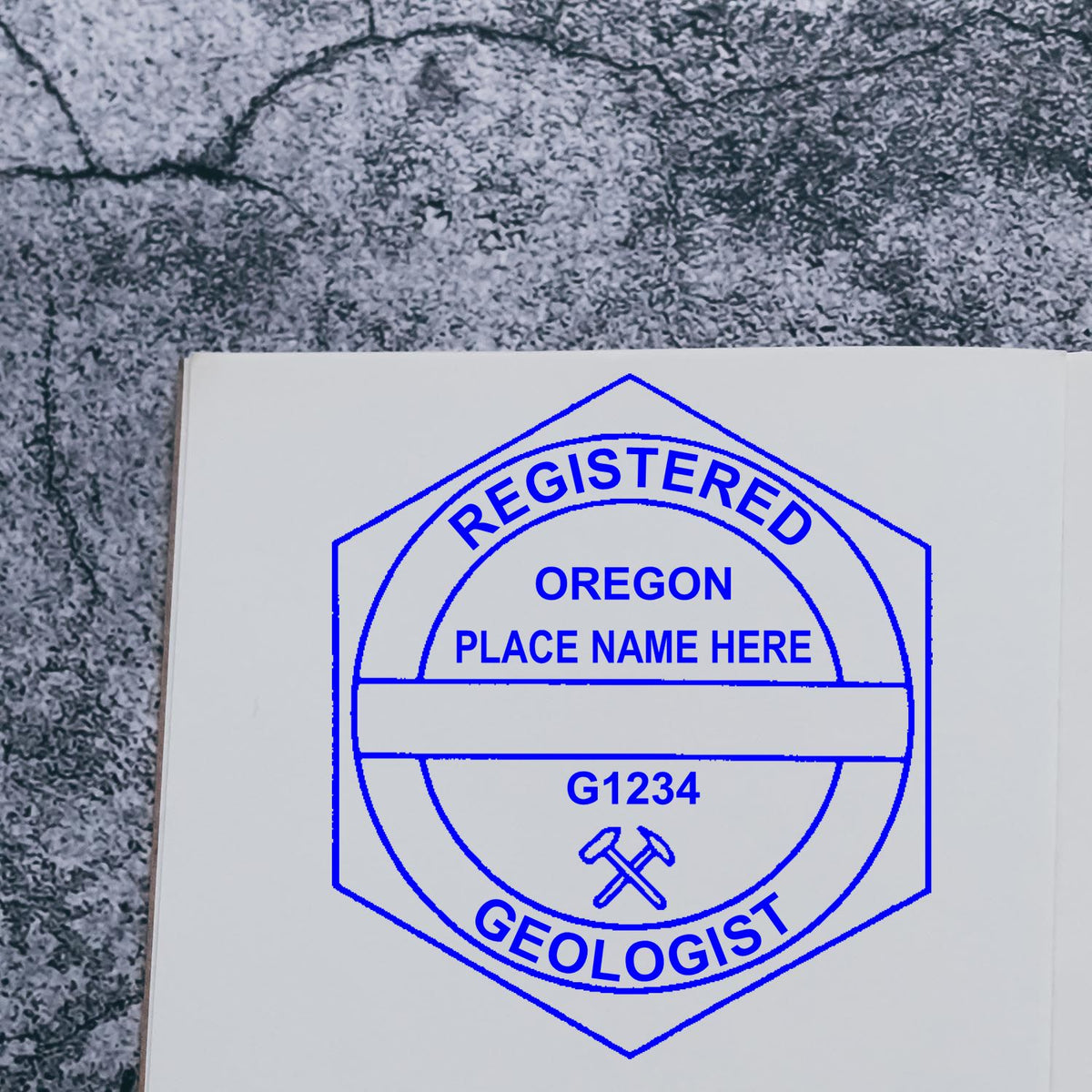 The Slim Pre-Inked Oregon Professional Geologist Seal Stamp stamp impression comes to life with a crisp, detailed image stamped on paper - showcasing true professional quality.