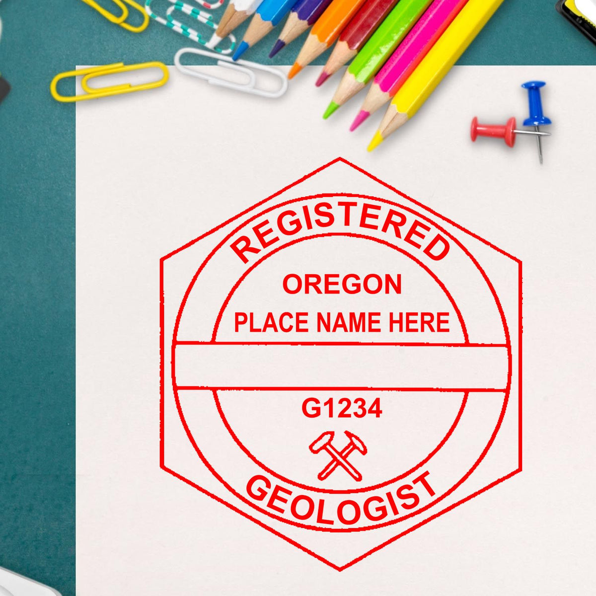 A lifestyle photo showing a stamped image of the Oregon Professional Geologist Seal Stamp on a piece of paper