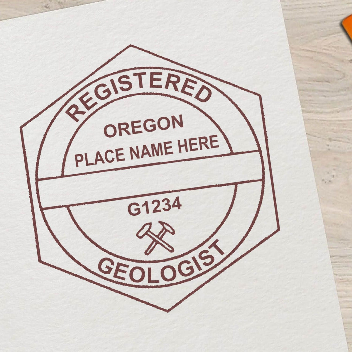 A photograph of the Premium MaxLight Pre-Inked Oregon Geology Stamp stamp impression reveals a vivid, professional image of the on paper.