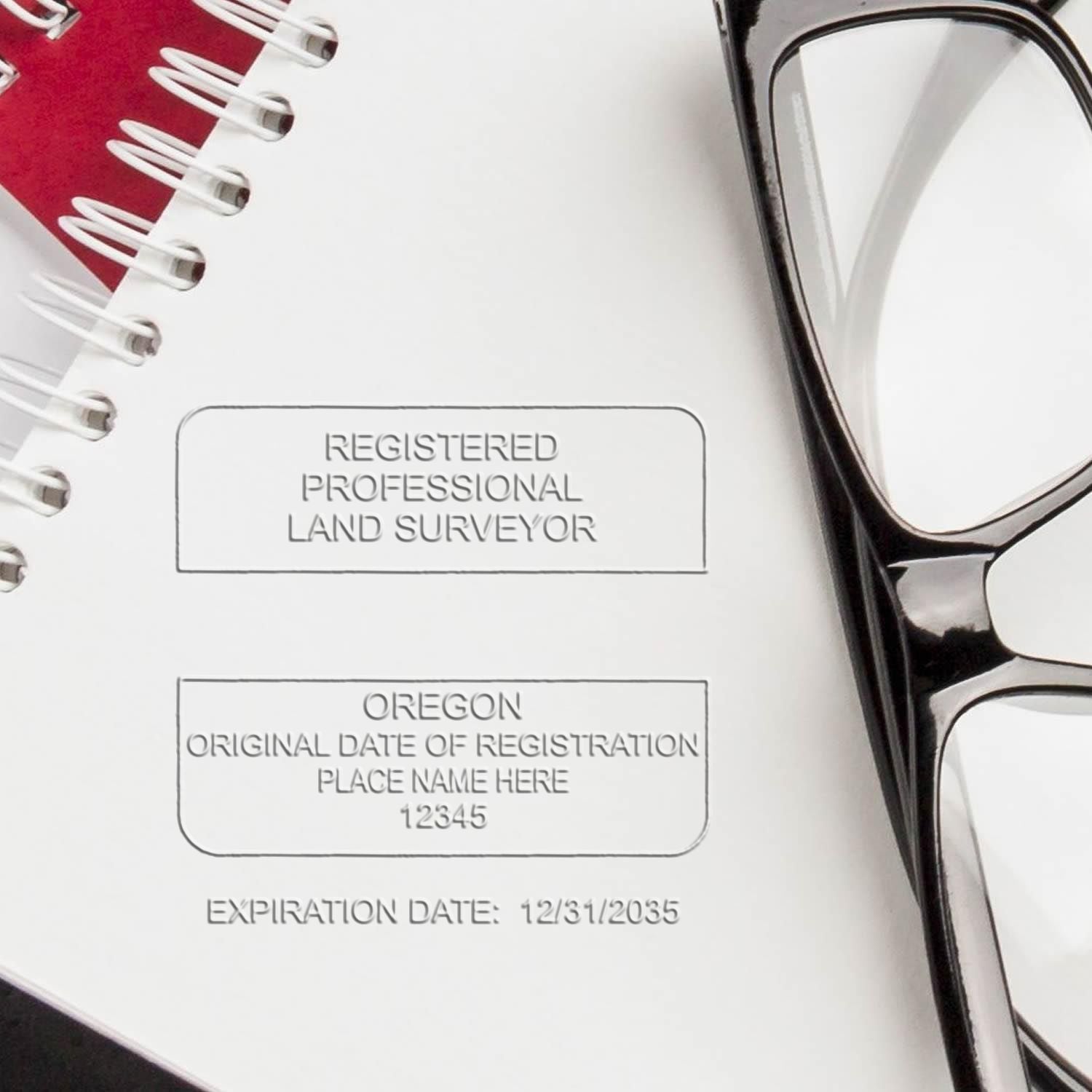 A photograph of the Hybrid Oregon Land Surveyor Seal stamp impression reveals a vivid, professional image of the on paper.