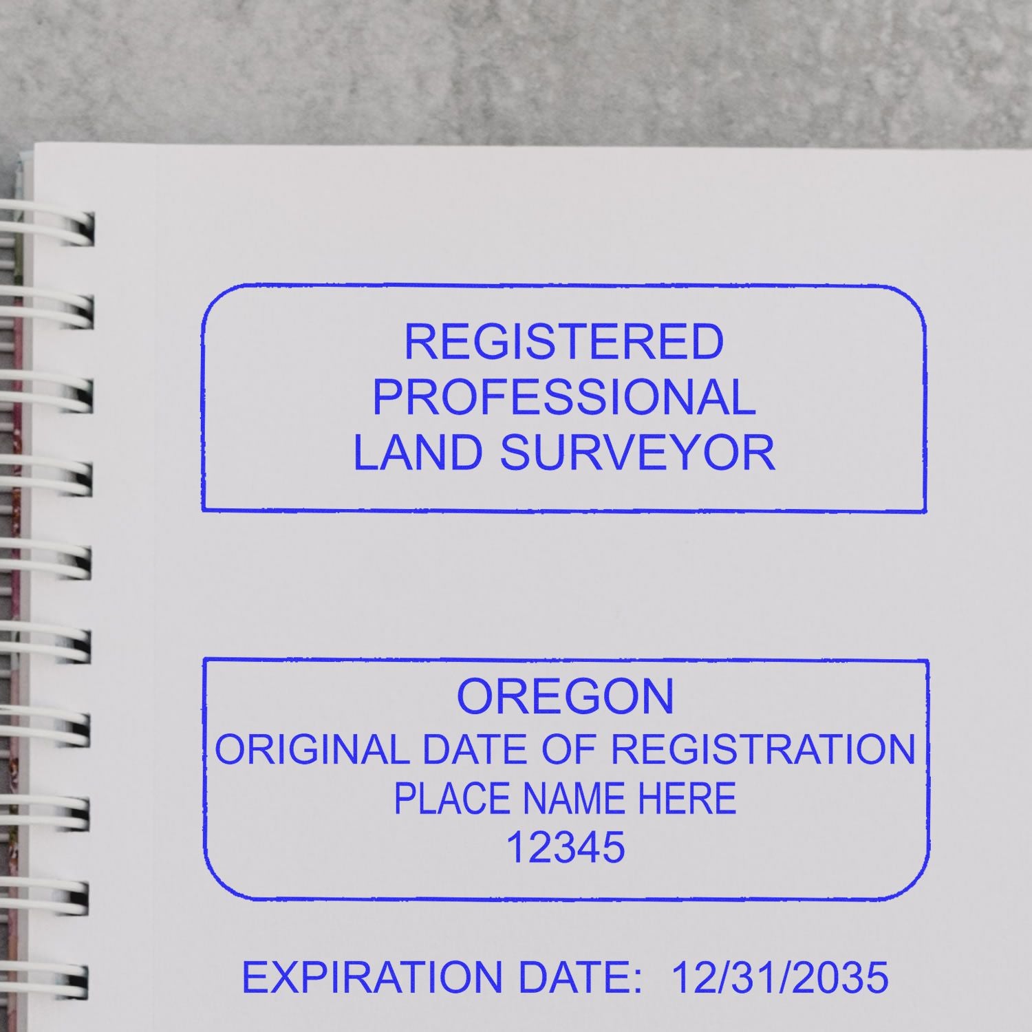 Image of a notebook page stamped with a Digital Oregon Land Surveyor Stamp, Electronic Seal for Oregon Land Surveyor, showing registration details.