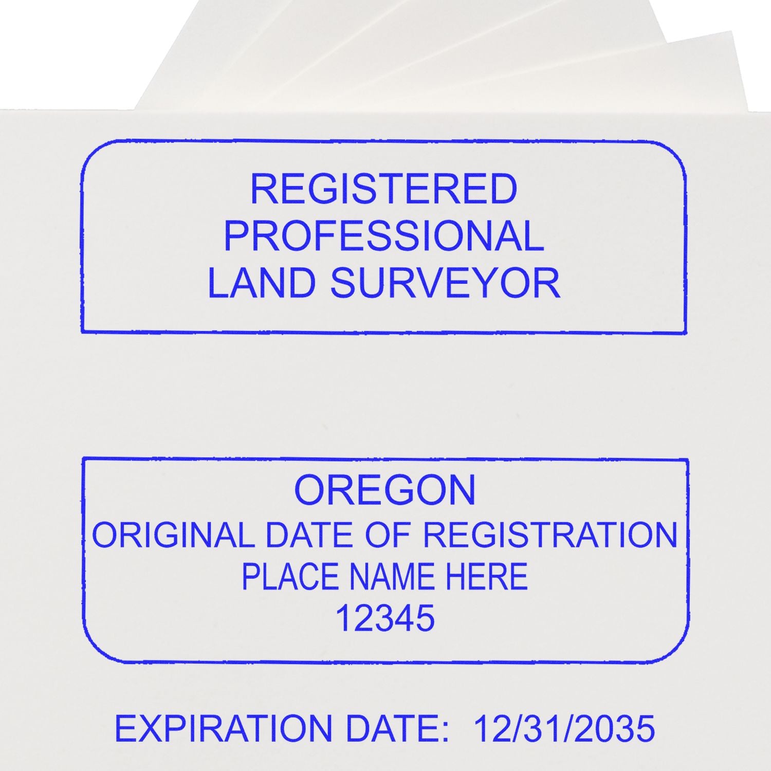 Oregon Land Surveyor Seal Stamp, OR PLS Stamp with text fields for registration details and expiration date of 12/31/2035.