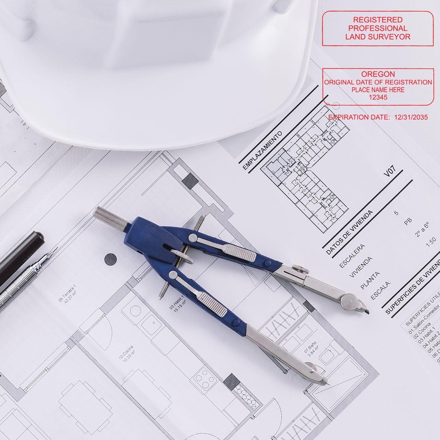 Premium MaxLight Pre-Inked Oregon Surveyors Stamp in use on architectural plans with a compass and hard hat nearby.