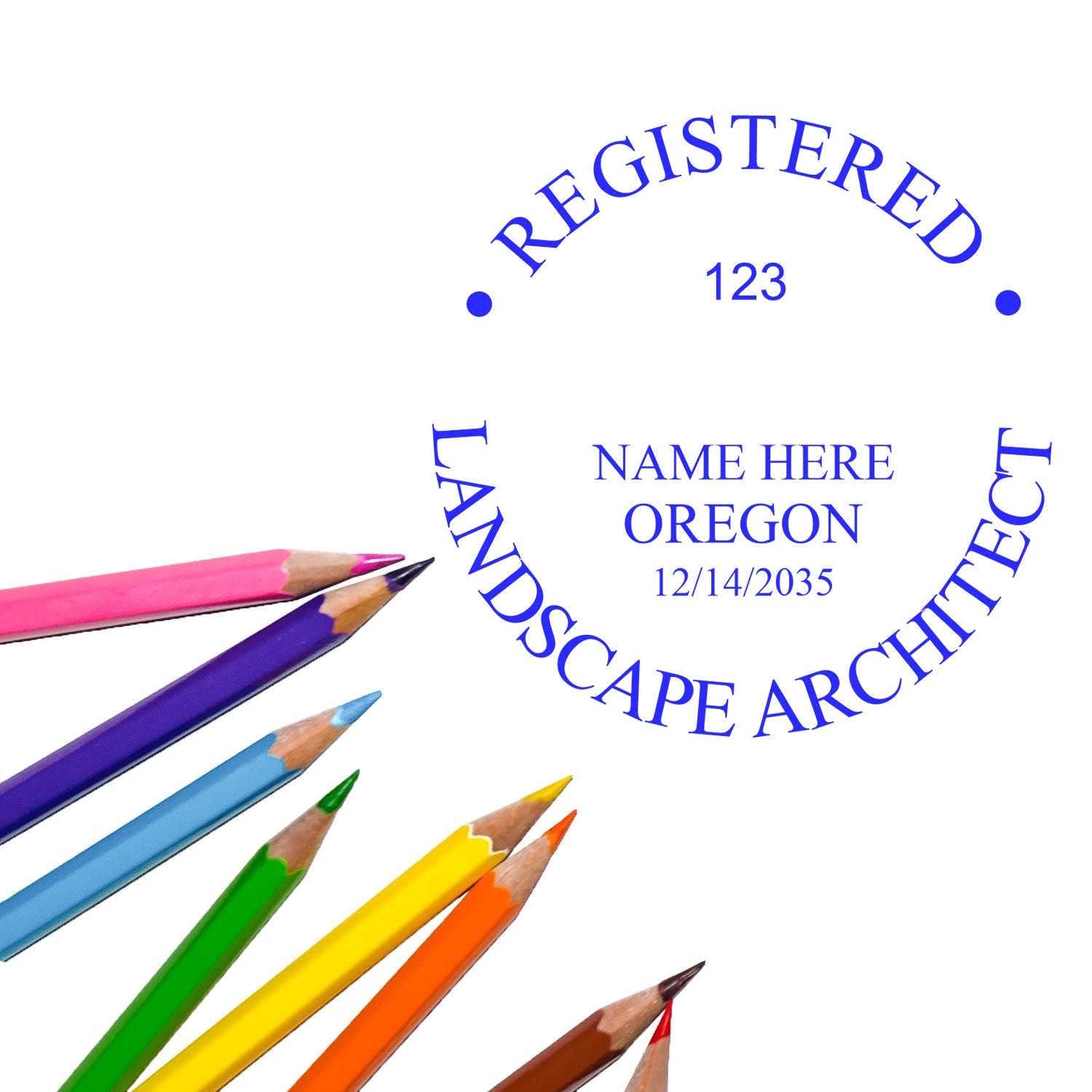 This paper is stamped with a sample imprint of the Self-Inking Oregon Landscape Architect Stamp, signifying its quality and reliability.