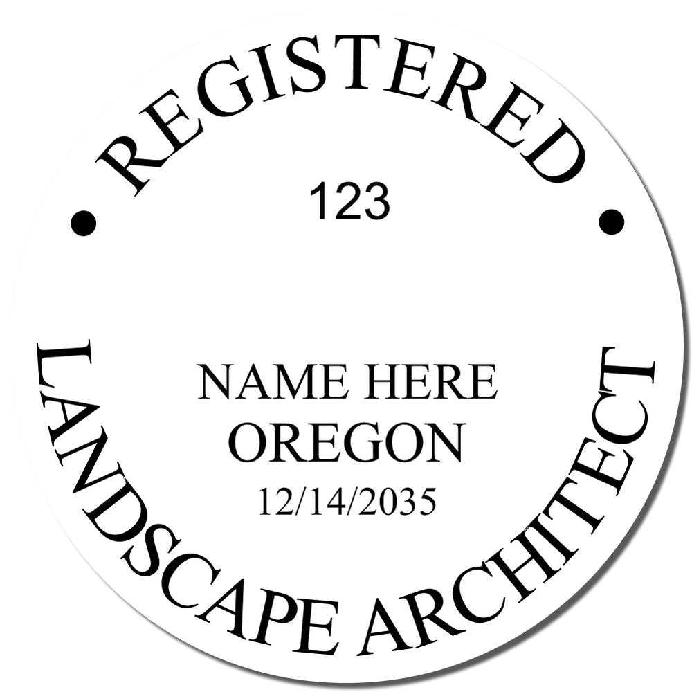 A lifestyle photo showing a stamped image of the Slim Pre-Inked Oregon Landscape Architect Seal Stamp on a piece of paper