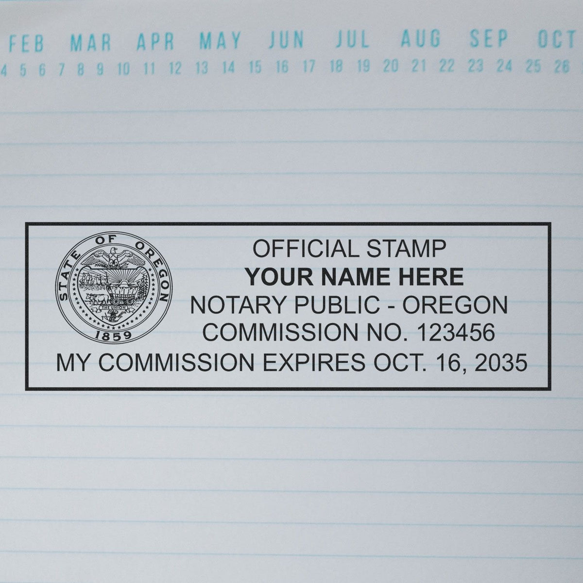 This paper is stamped with a sample imprint of the Slim Pre-Inked Rectangular Notary Stamp for Oregon, signifying its quality and reliability.