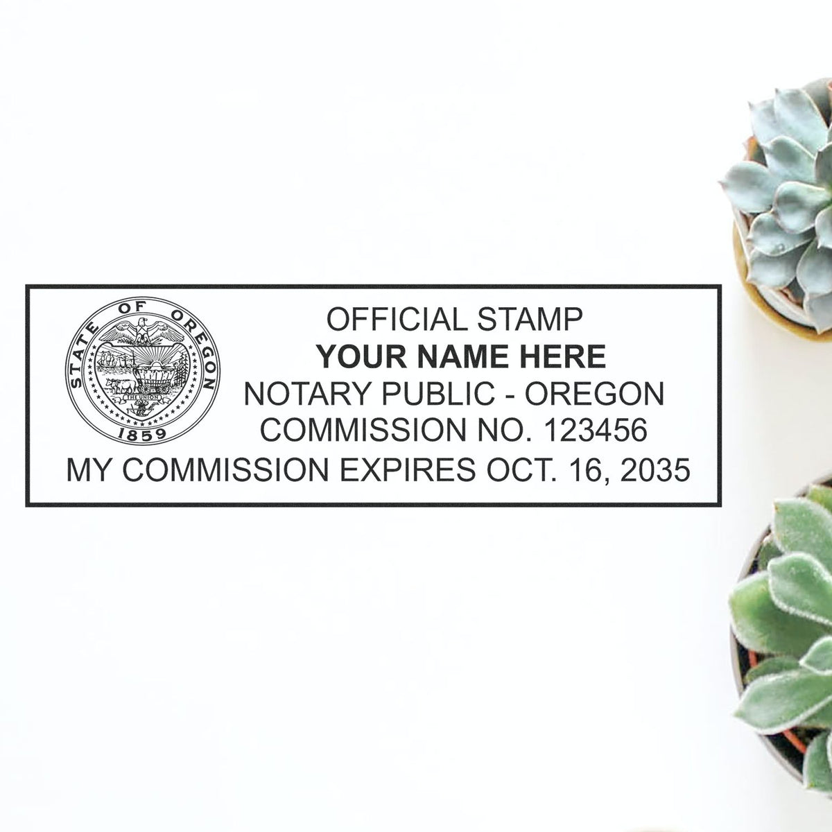 A stamped impression of the Wooden Handle Oregon Rectangular Notary Public Stamp in this stylish lifestyle photo, setting the tone for a unique and personalized product.