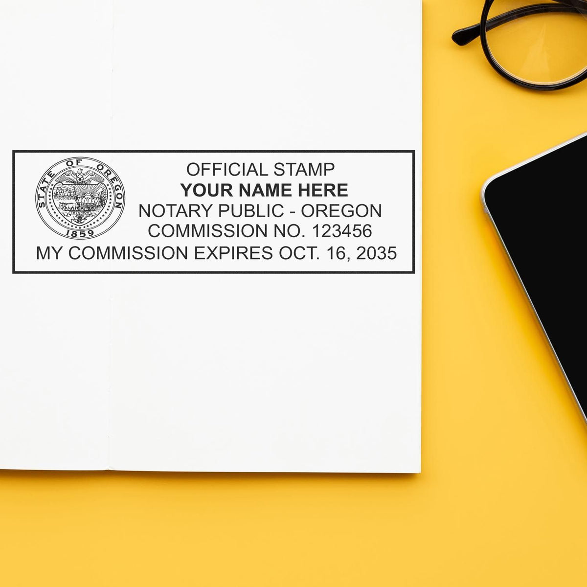 The Super Slim Oregon Notary Public Stamp stamp impression comes to life with a crisp, detailed photo on paper - showcasing true professional quality.