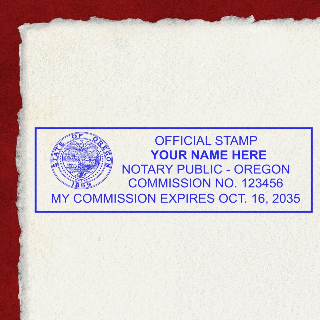 This paper is stamped with a sample imprint of the Wooden Handle Oregon Rectangular Notary Public Stamp, signifying its quality and reliability.