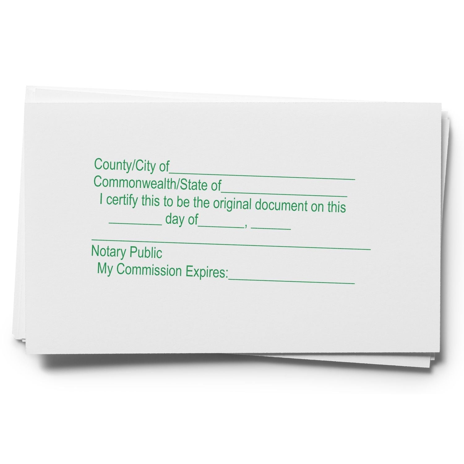 A stack of white papers stamped with the Regular Notary Original Document Stamp, featuring fields for county, state, date, and notary public details.