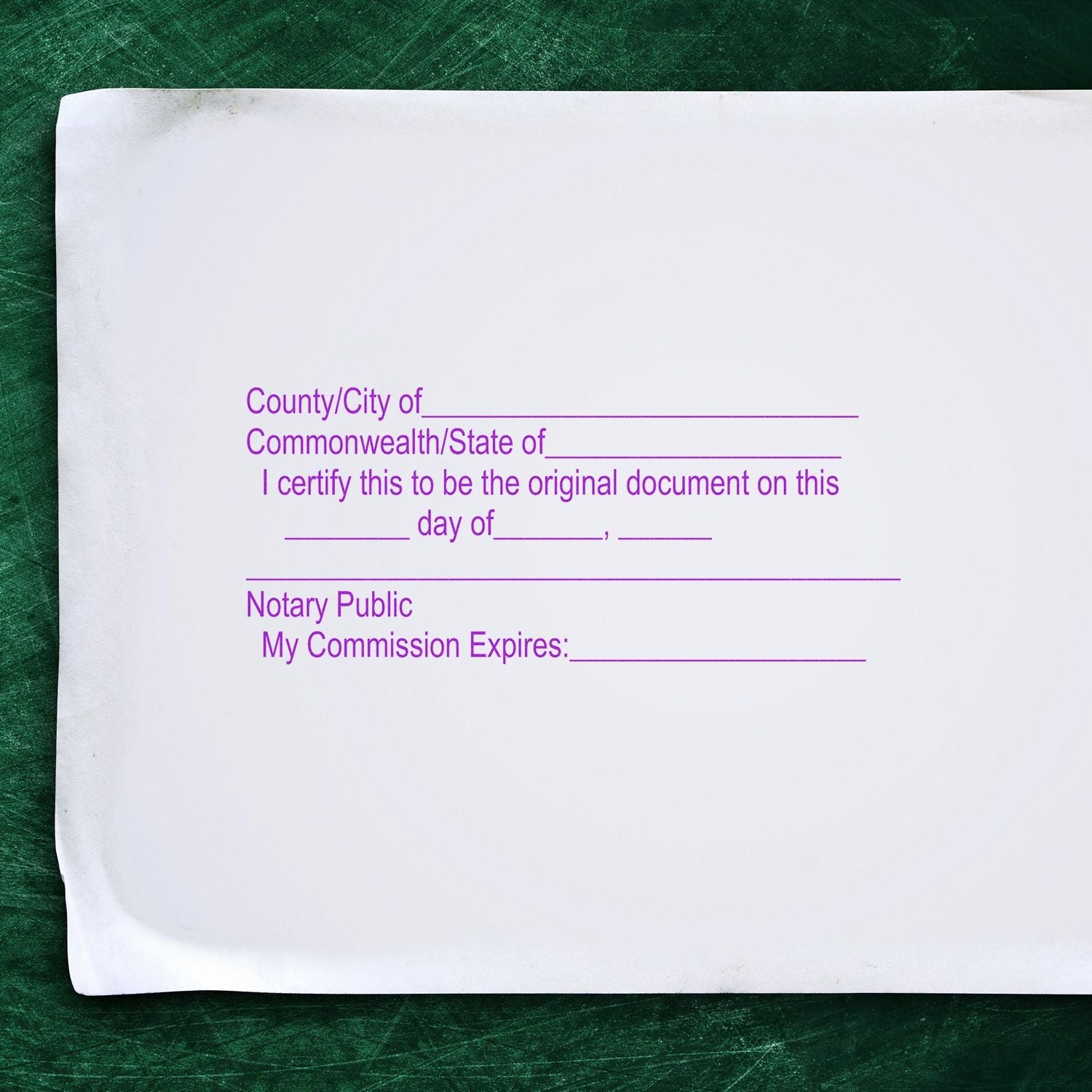 A Regular Notary Original Document Stamp imprint on a white paper with fields for County/City, State, date, and notary public commission details.