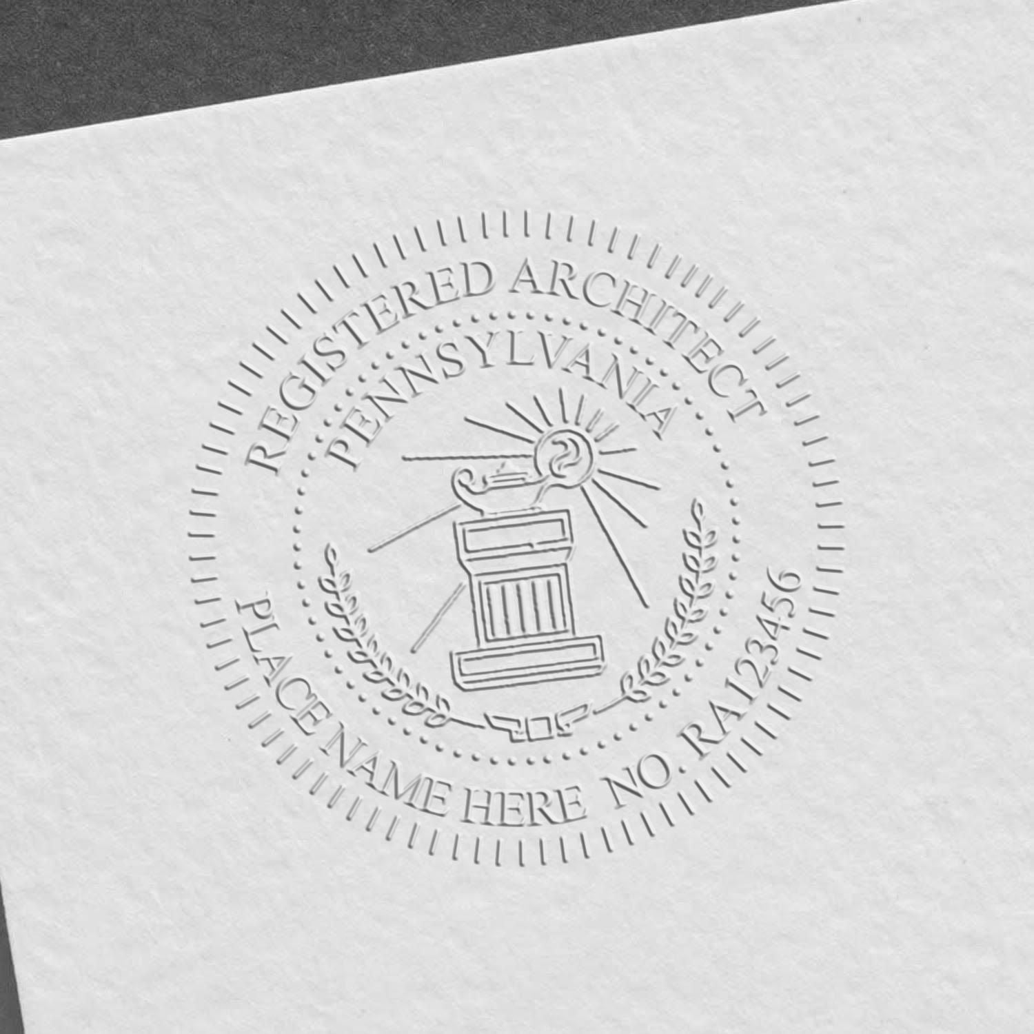 The main image for the Pennsylvania Desk Architect Embossing Seal depicting a sample of the imprint and electronic files