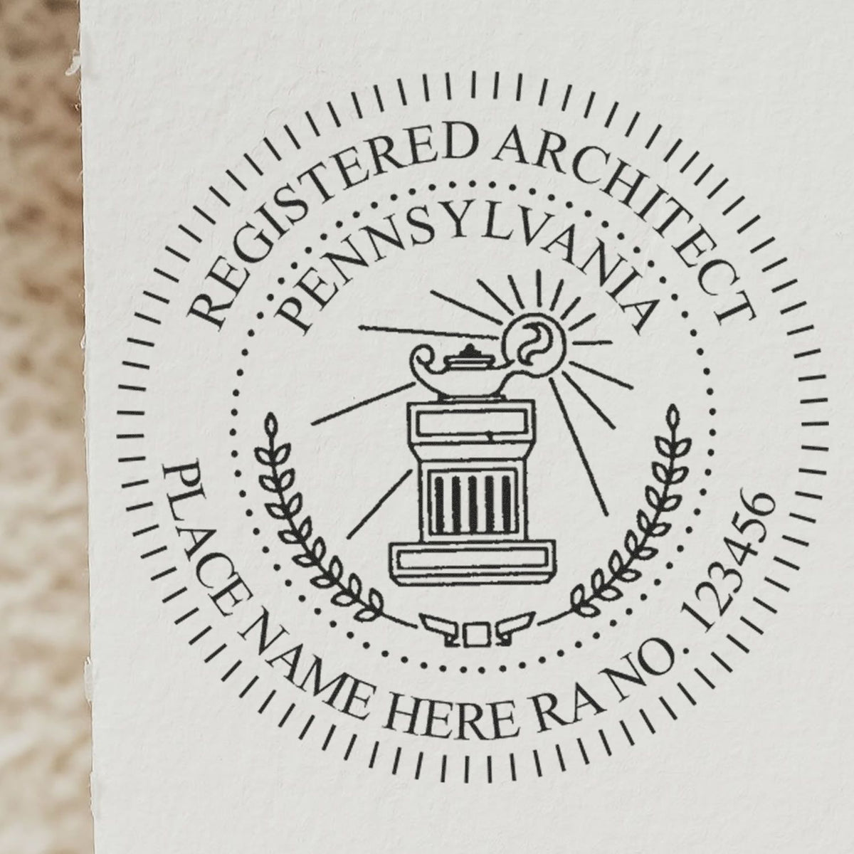 Slim Pre-Inked Pennsylvania Architect Seal Stamp in use photo showing a stamped imprint of the Slim Pre-Inked Pennsylvania Architect Seal Stamp