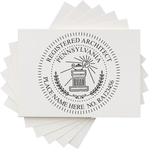 A lifestyle photo showing a stamped image of the Slim Pre-Inked Pennsylvania Architect Seal Stamp on a piece of paper