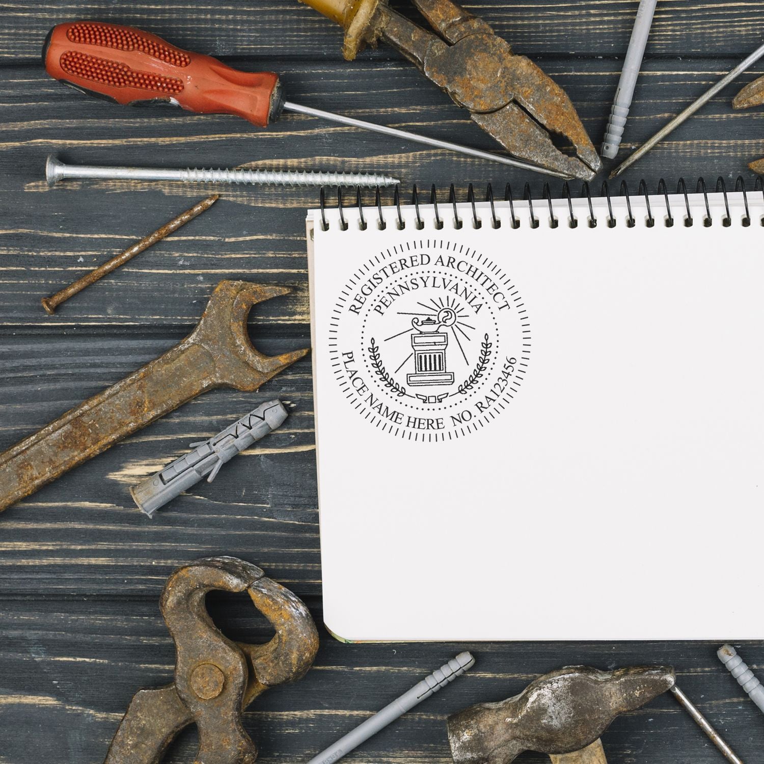 Notebook with Pennsylvania Architect Seal Stamp surrounded by various tools on a wooden surface.