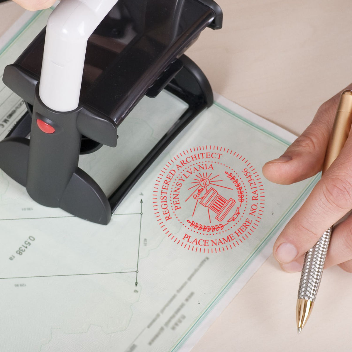 The Slim Pre-Inked Pennsylvania Architect Seal Stamp stamp impression comes to life with a crisp, detailed photo on paper - showcasing true professional quality.