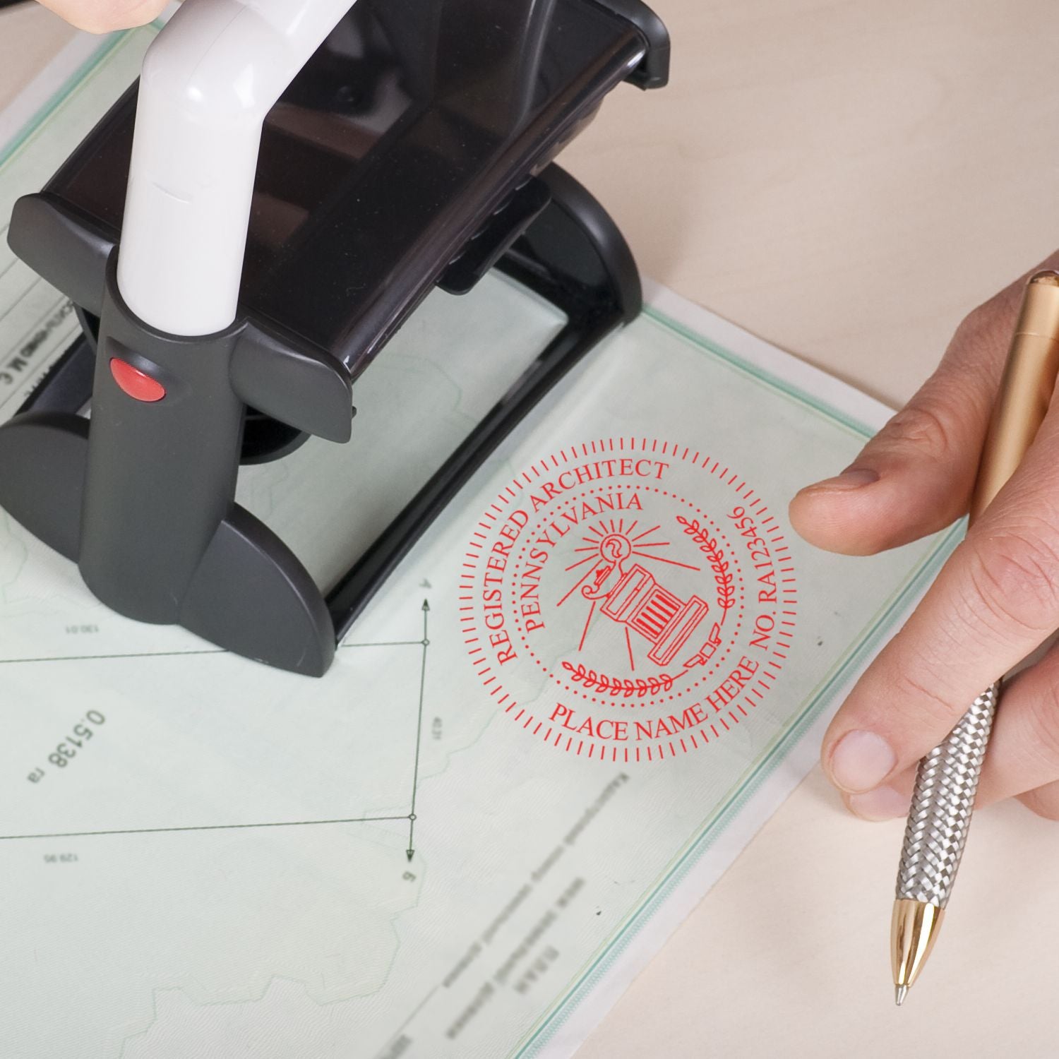 Self Inking Pennsylvania Architect Stamp in use, stamping a red seal on architectural plans, with a hand holding a pen nearby.