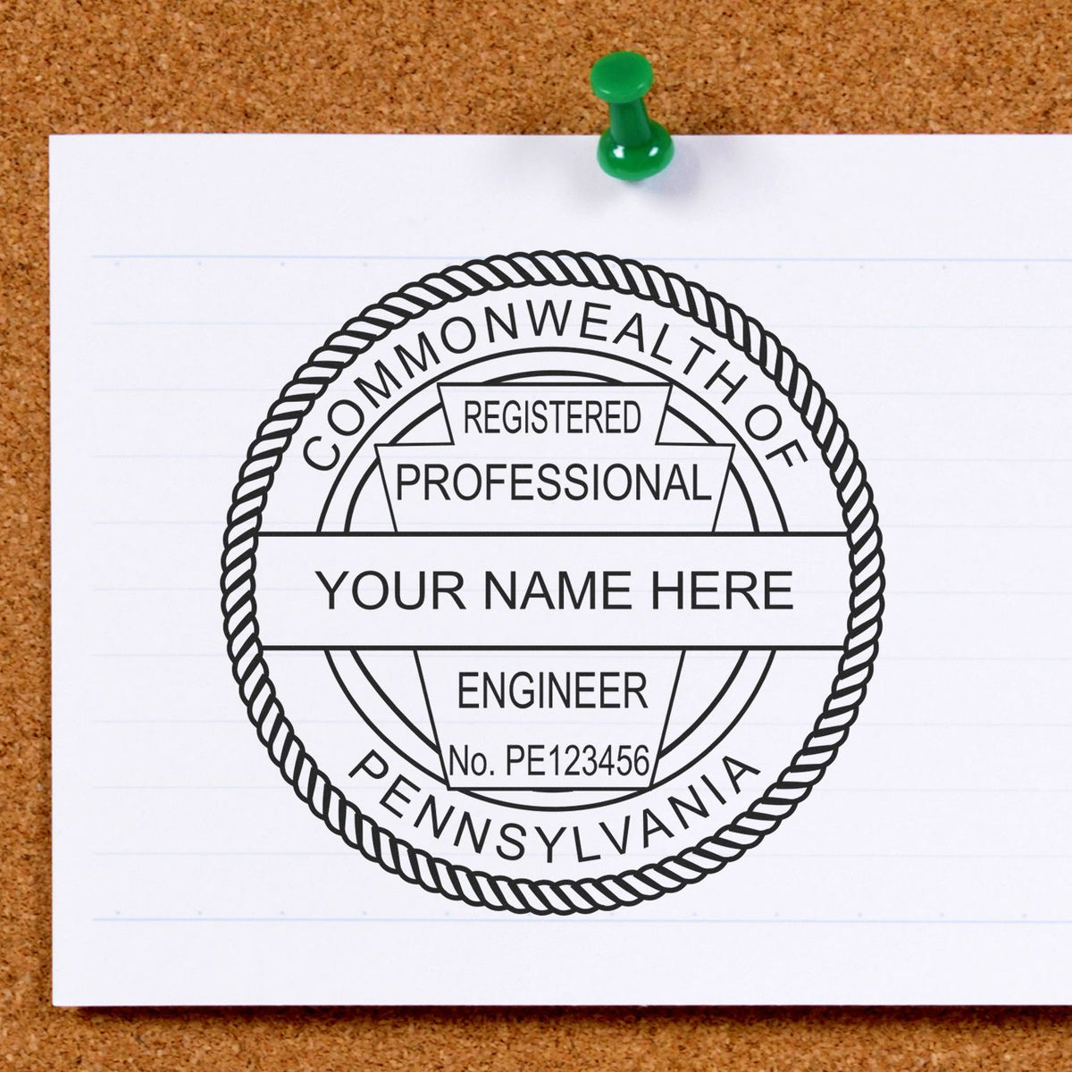 A lifestyle photo showing a stamped image of the Digital Pennsylvania PE Stamp and Electronic Seal for Pennsylvania Engineer on a piece of paper