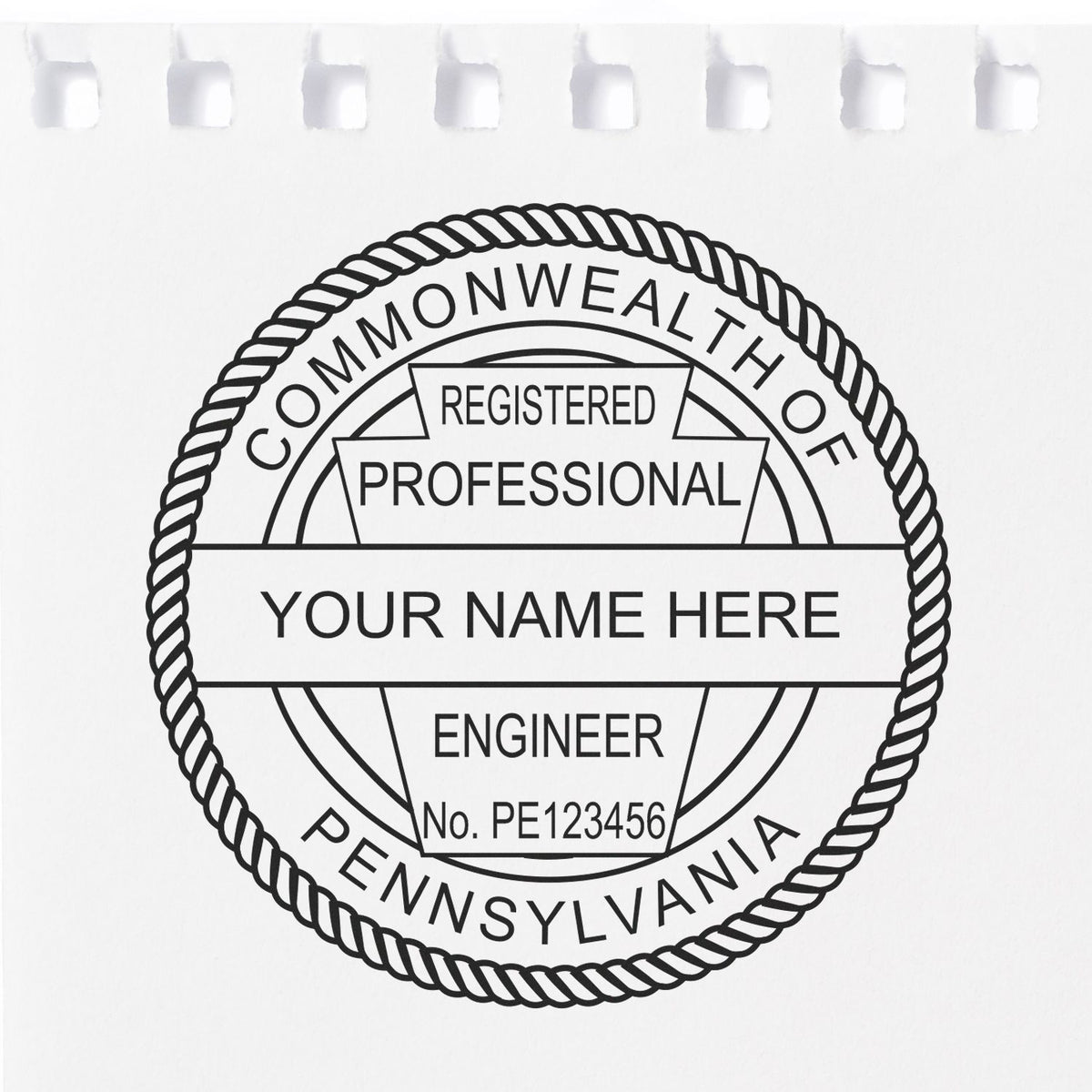 This paper is stamped with a sample imprint of the Pennsylvania Professional Engineer Seal Stamp, signifying its quality and reliability.