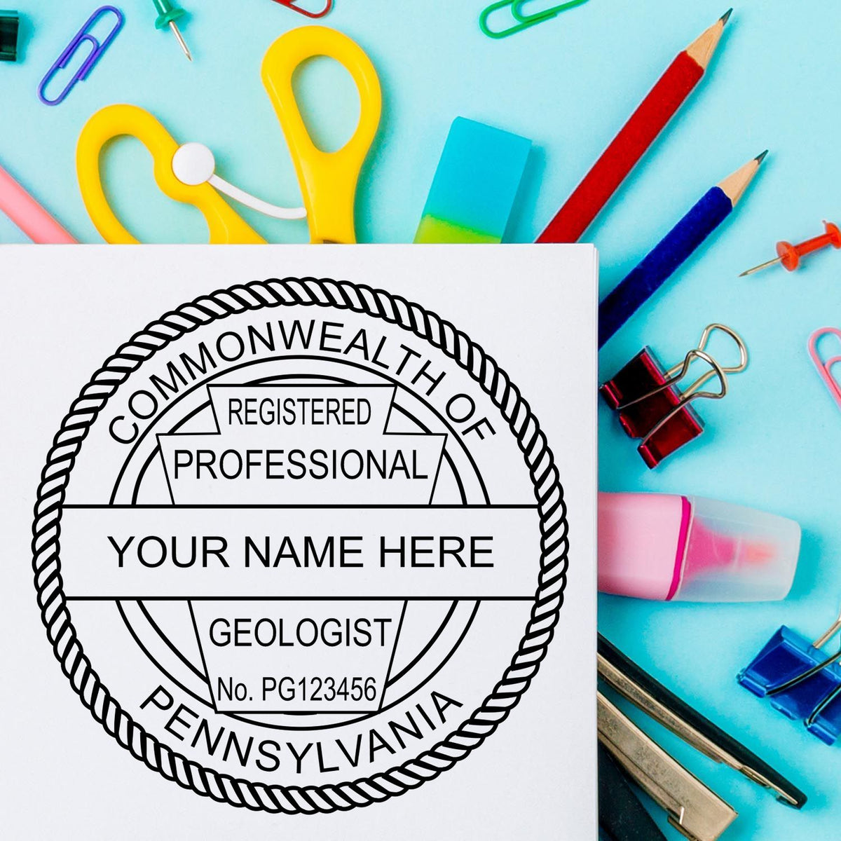 A stamped imprint of the Digital Pennsylvania Geologist Stamp, Electronic Seal for Pennsylvania Geologist in this stylish lifestyle photo, setting the tone for a unique and personalized product.