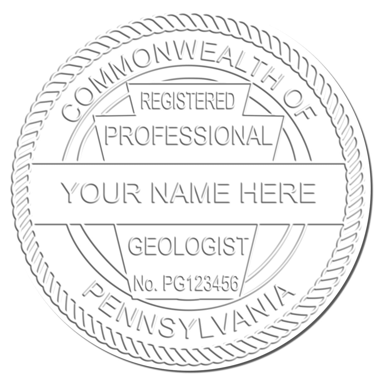 An in use photo of the Heavy Duty Cast Iron Pennsylvania Geologist Seal Embosser showing a sample imprint on a cardstock