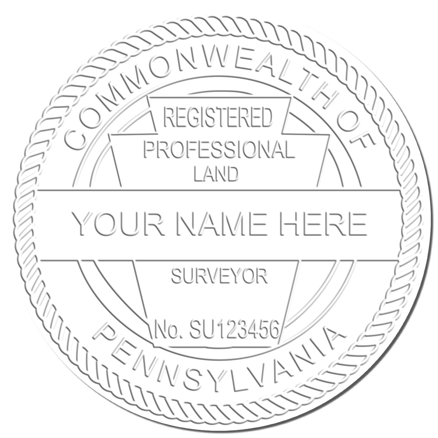 This paper is stamped with a sample imprint of the Heavy Duty Cast Iron Pennsylvania Land Surveyor Seal Embosser, signifying its quality and reliability.