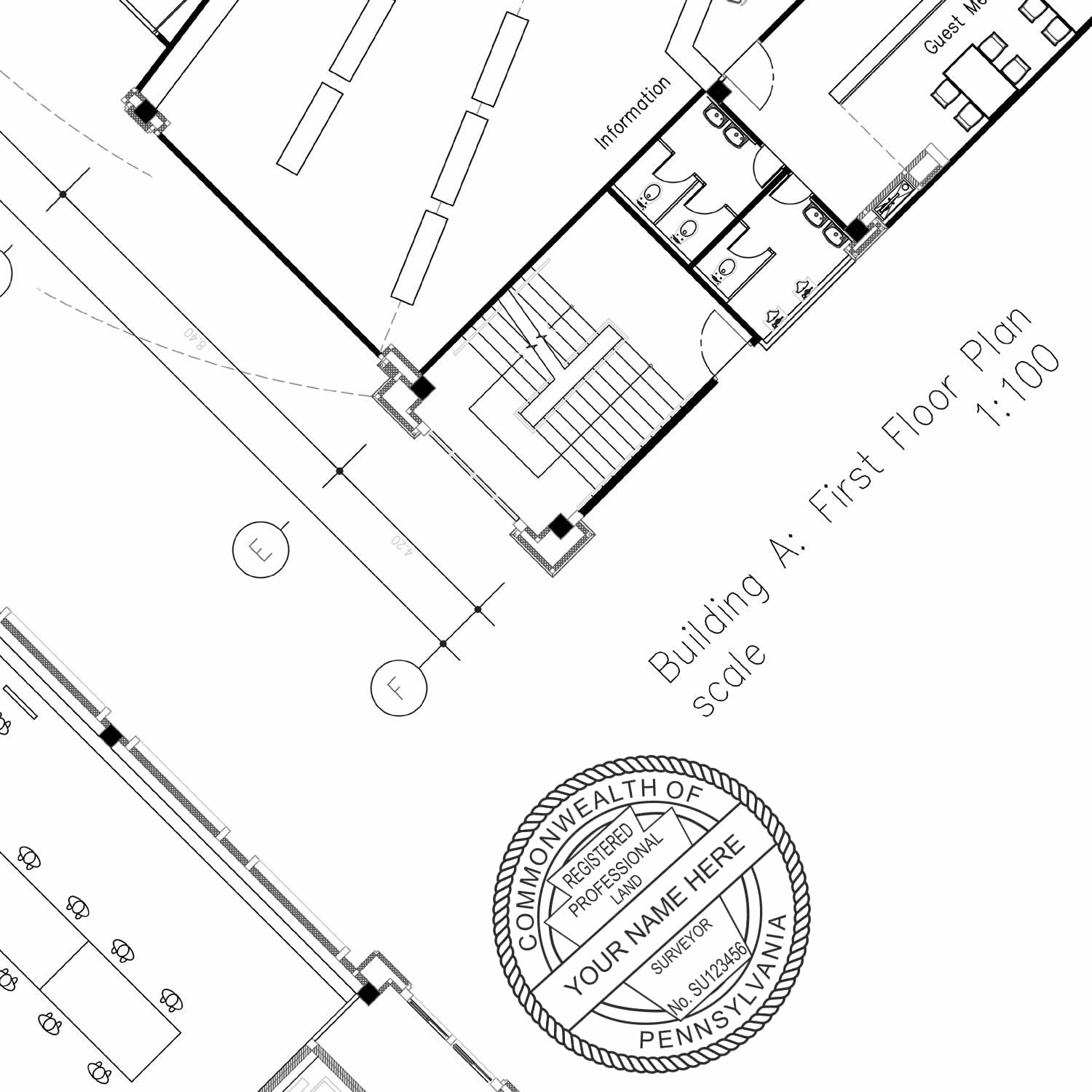 Blueprint with a Digital Pennsylvania Land Surveyor Stamp, Electronic Seal for Pennsylvania Land Surveyor, on the bottom right corner.